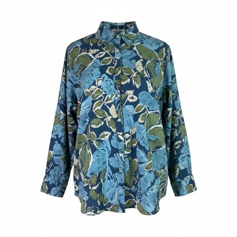 Chaps Blue Green Floral No Iron Cotton Blouse Plus 3X Spring Summer Fun